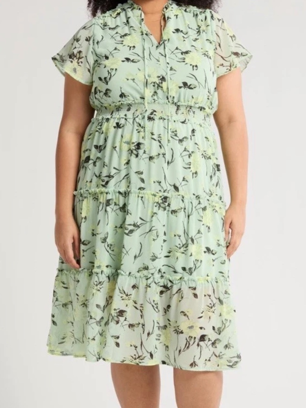 Melrose and Market Green Floral Chiffon Sleeve Smocked Midi Dress 1X Plus NWT